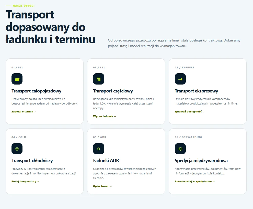 Kafelki na Strone internetową dla firmy transportowej