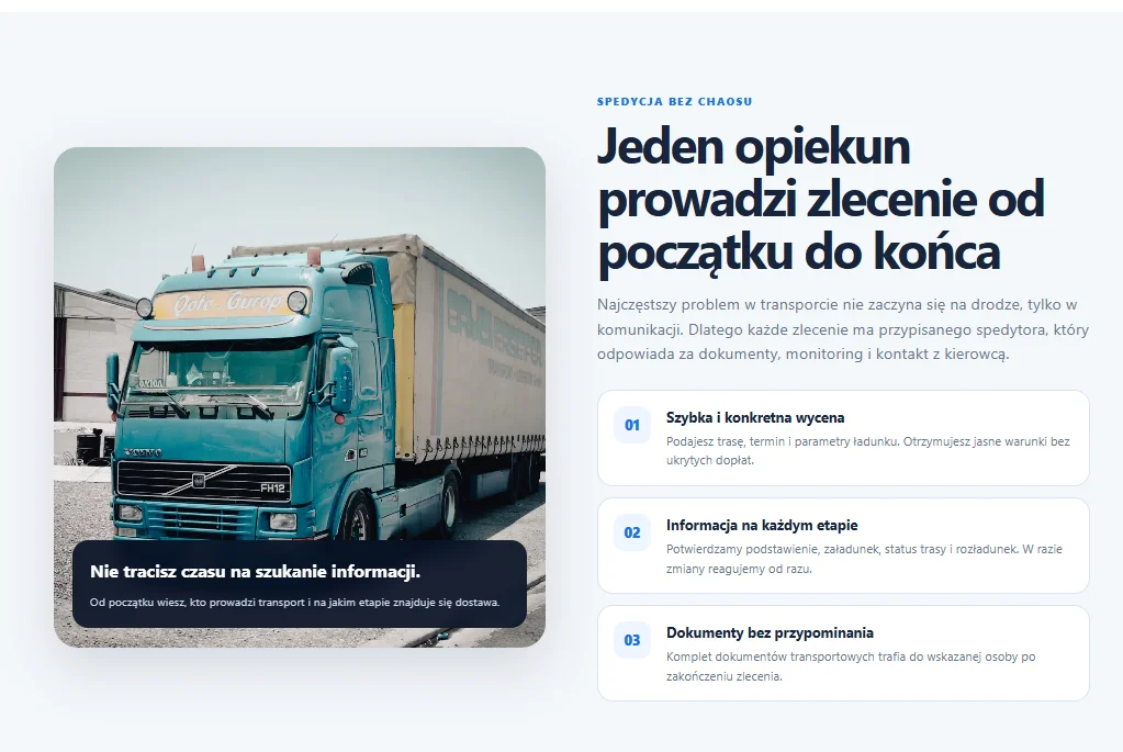 Podgląd strony internetowej dla firmy transportowej albo spedycyjnej
