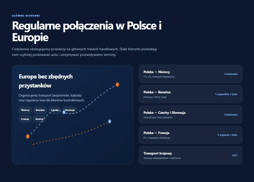 Przykladowe bloki na stronie internetowej dla branży transportowej